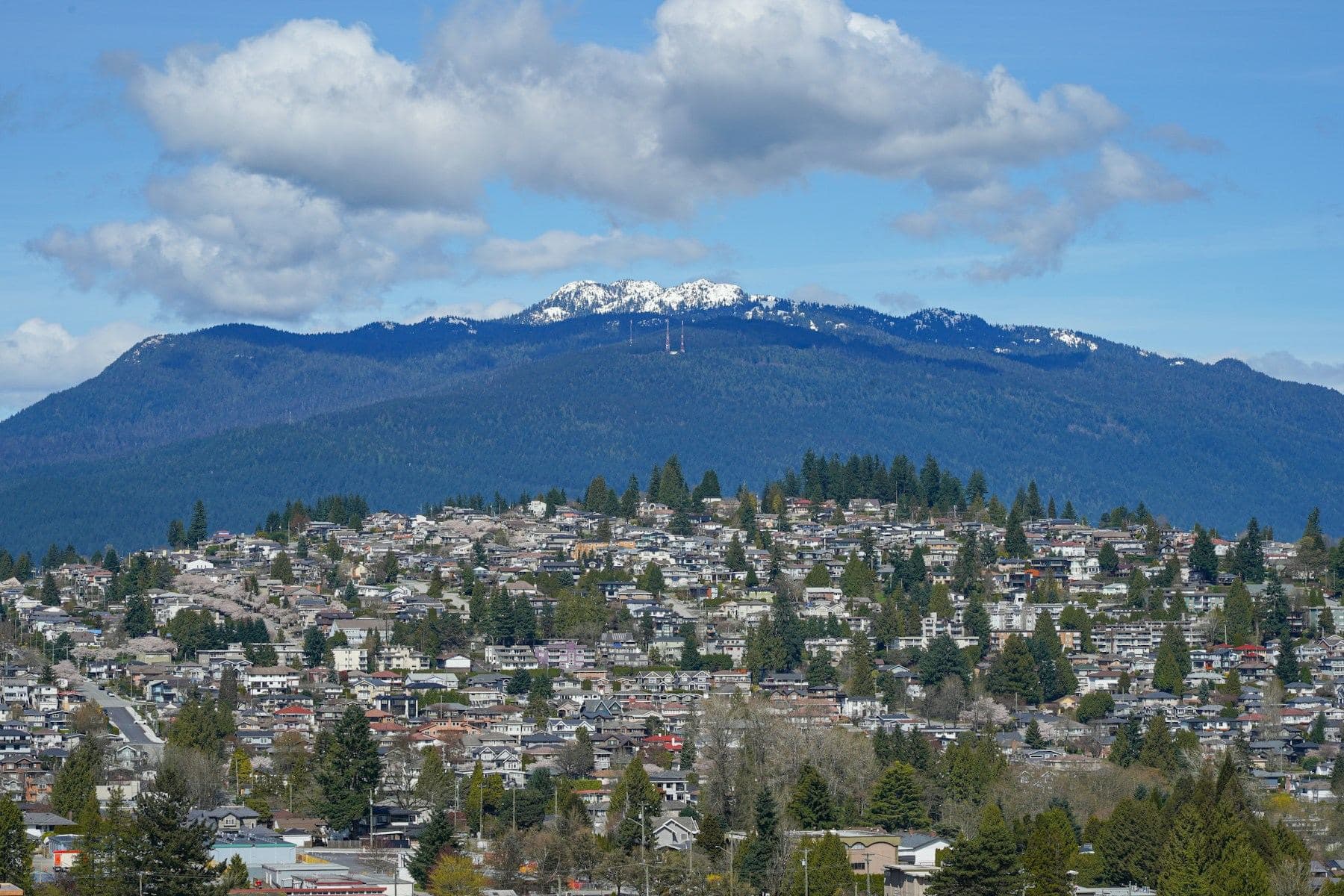 Houses on a hillside with a snow-capped mountain behind